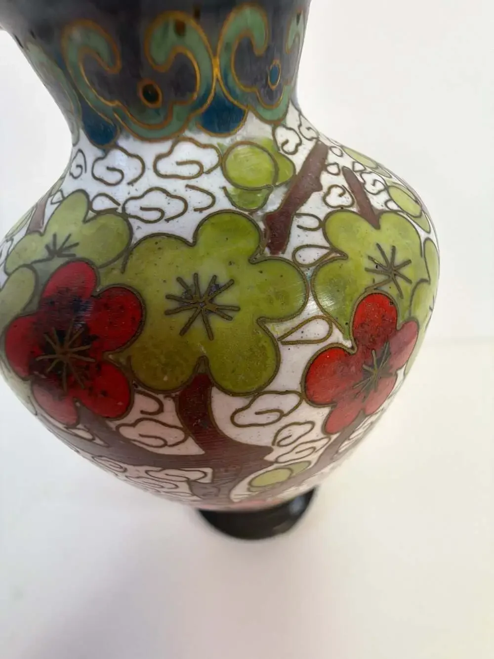 Vintage‎ Chinese Cloisonné Enamel Floral Vase with Wooden Stand